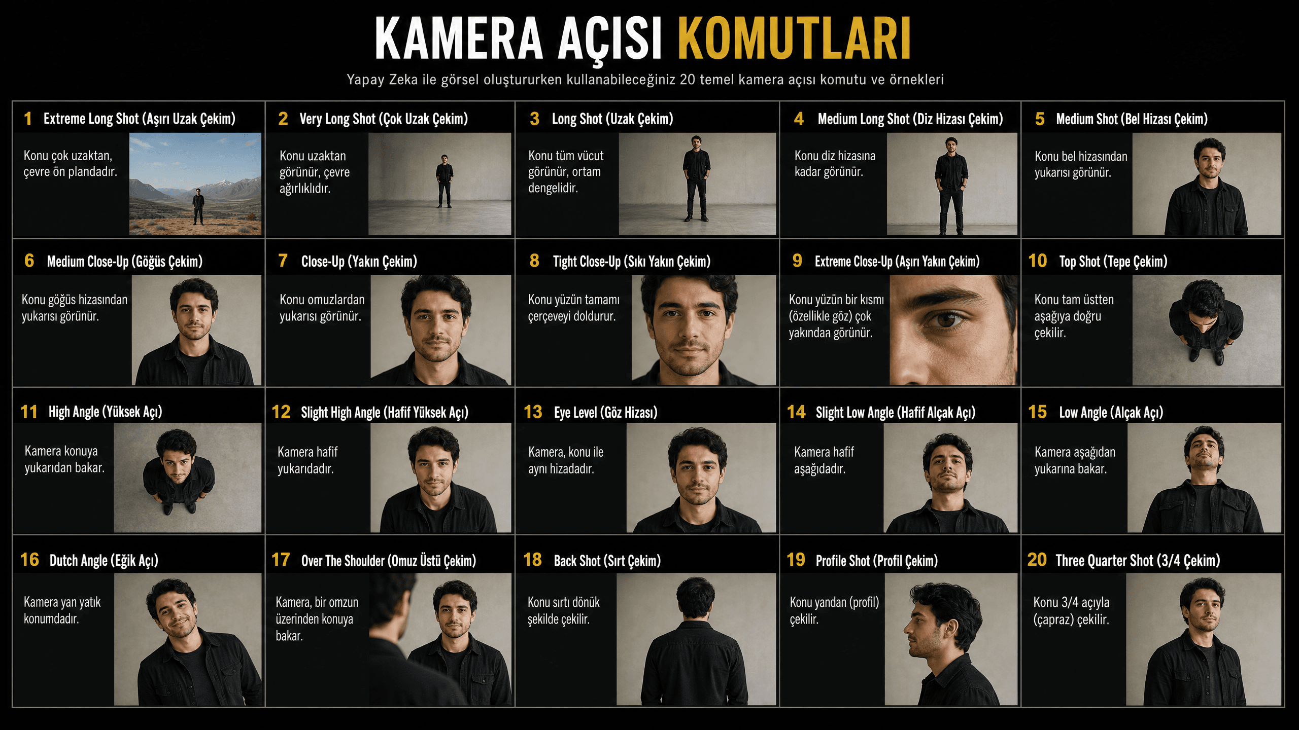 Yapay zeka ile görsel oluştururken kullanılabilecek 20 temel kamera açısı ve çekim ölçeği komutunu gösteren örnek görsel rehberi