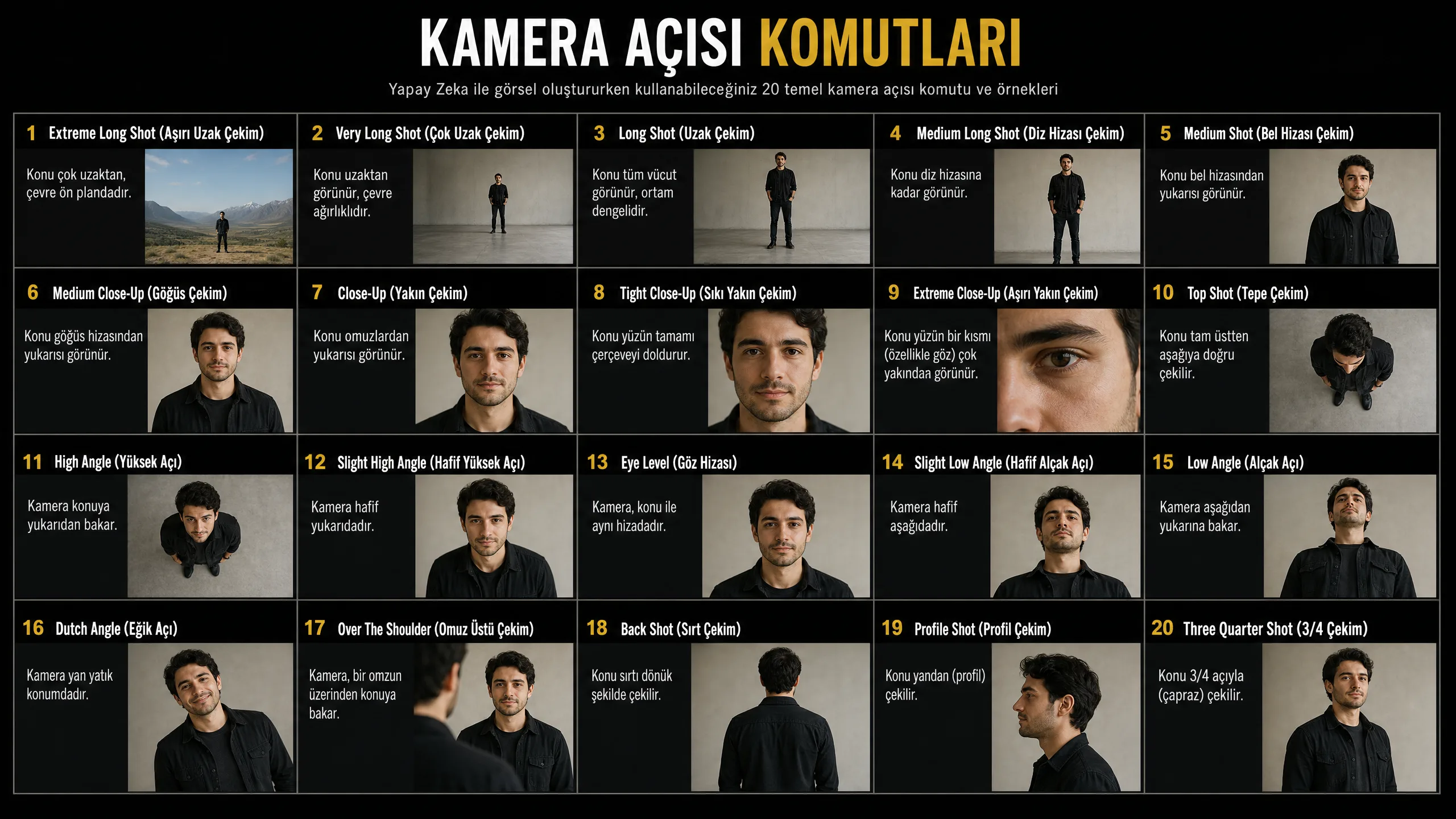 Yapay zeka ile görsel oluştururken kullanılabilecek 20 temel kamera açısı ve çekim ölçeği komutunu gösteren örnek görsel rehberi