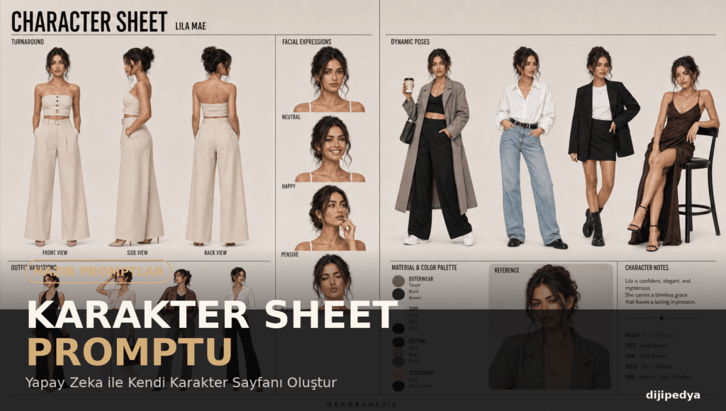 Karakter sheet promptu kapak görseli, kadın karakter referans sayfası