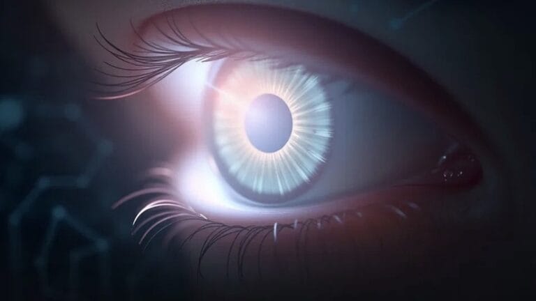 Neuralink Blindsight gorme implanti haberi kapak gorseli, isik yayan insan gozu yakin cekim