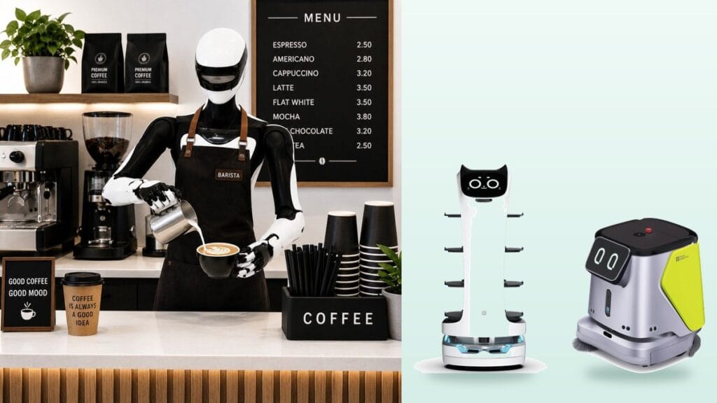 Café with a robot barista, robot waiter and cleaning robot