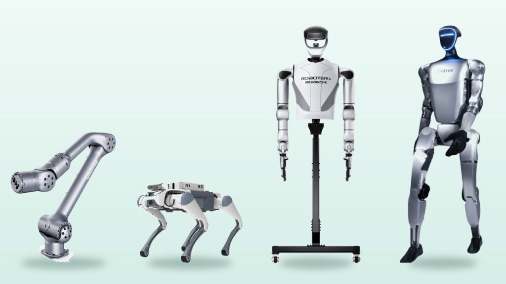 Robotik laboratuvarı için robot kol, robot köpek, üst gövde ve insansı robot