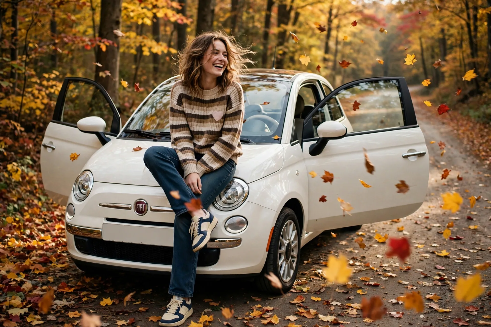 Sonbahar orman yolunda beyaz Fiat 500 üzerinde gülen kadın prompt örneği