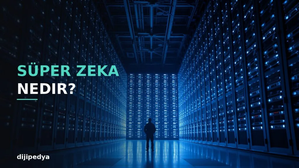 Super zeka nedir kapak gorseli, devasa veri merkezinde kucuk duran bir insan silueti