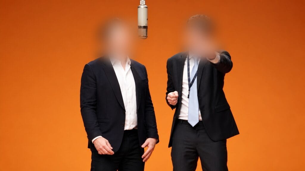 Yapay zekayla duet videosu nasil yapilir haberi kapak gorseli, turuncu studyo fonunda mikrofonlu iki kisi