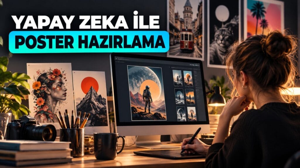 Yapay zeka ile poster hazırlama: bilgisayarda yapay zeka ile afiş tasarlayan kadın