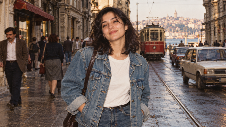 Kot ceketli yetişkin bir kadının 90’lar analog fotoğraf estetiğindeki temsili portresi