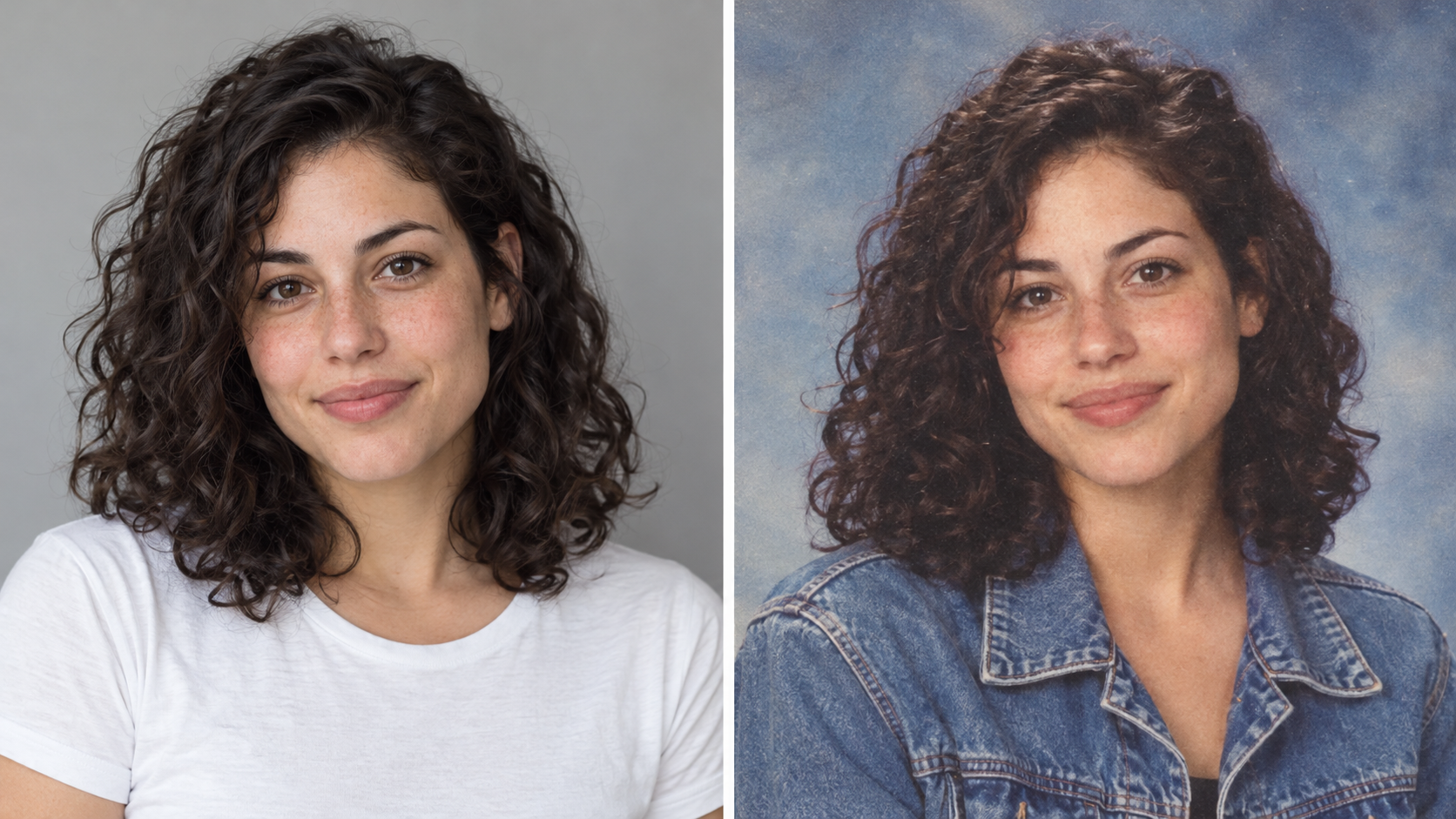 Kurgu bir kişinin doğal portresi ile 90’lar okul fotoğrafı estetiğinin temsili karşılaştırması