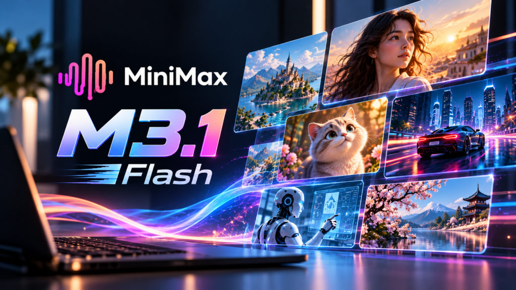 MiniMax M3.1 Flash logosu, dizüstü bilgisayardan yükselen yapay zekâ ile üretilmiş görsel ve video kareleri