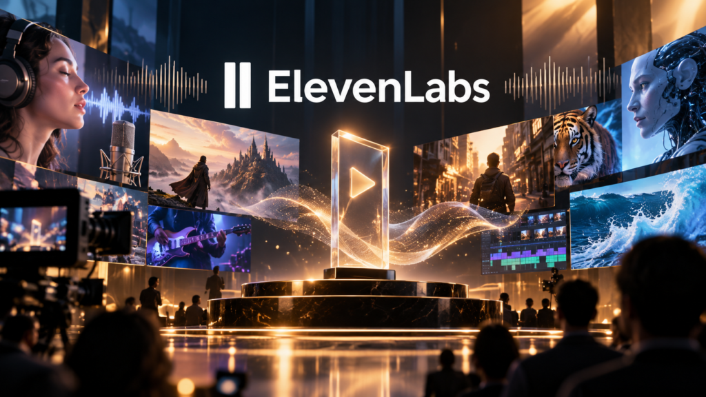 ElevenLabs logosu, yapay zekâ ile oluşturulmuş filmler ve Chroma Awards ödül töreni temsili görseli