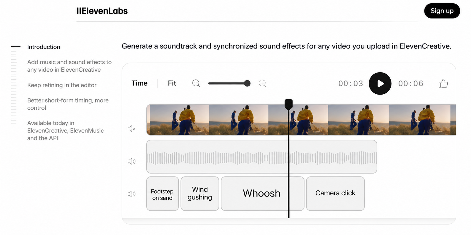 ElevenLabs Instant Soundtracks video zaman çizelgesi, müzik ve senkronize ses efektleri gösterimi