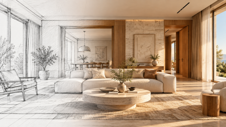 Mimari eskizden görselleştirilmiş iç mekâna geçişi anlatan temsili yapay zeka render görseli