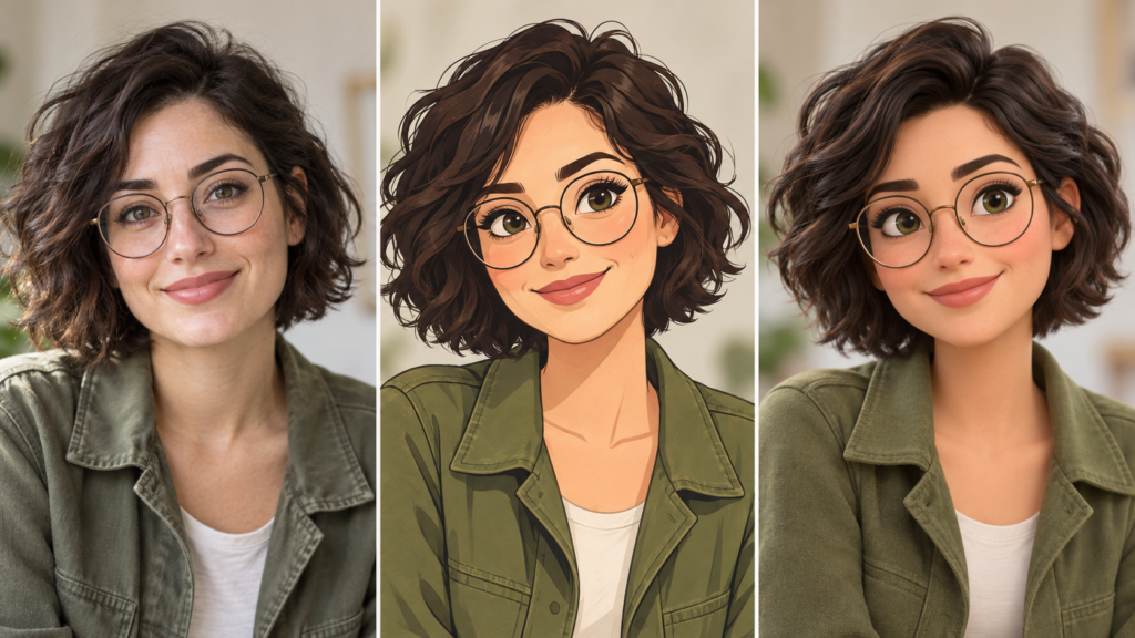 Aynı temsili kişinin gerçekçi portre, çizgi karakter ve 3D avatar olarak gösterimi