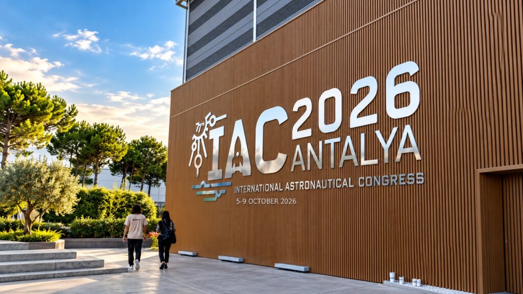 Antalya NEST Kongre Merkezi duvarında IAC 2026 Antalya Uluslararası Uzay Kongresi logosu