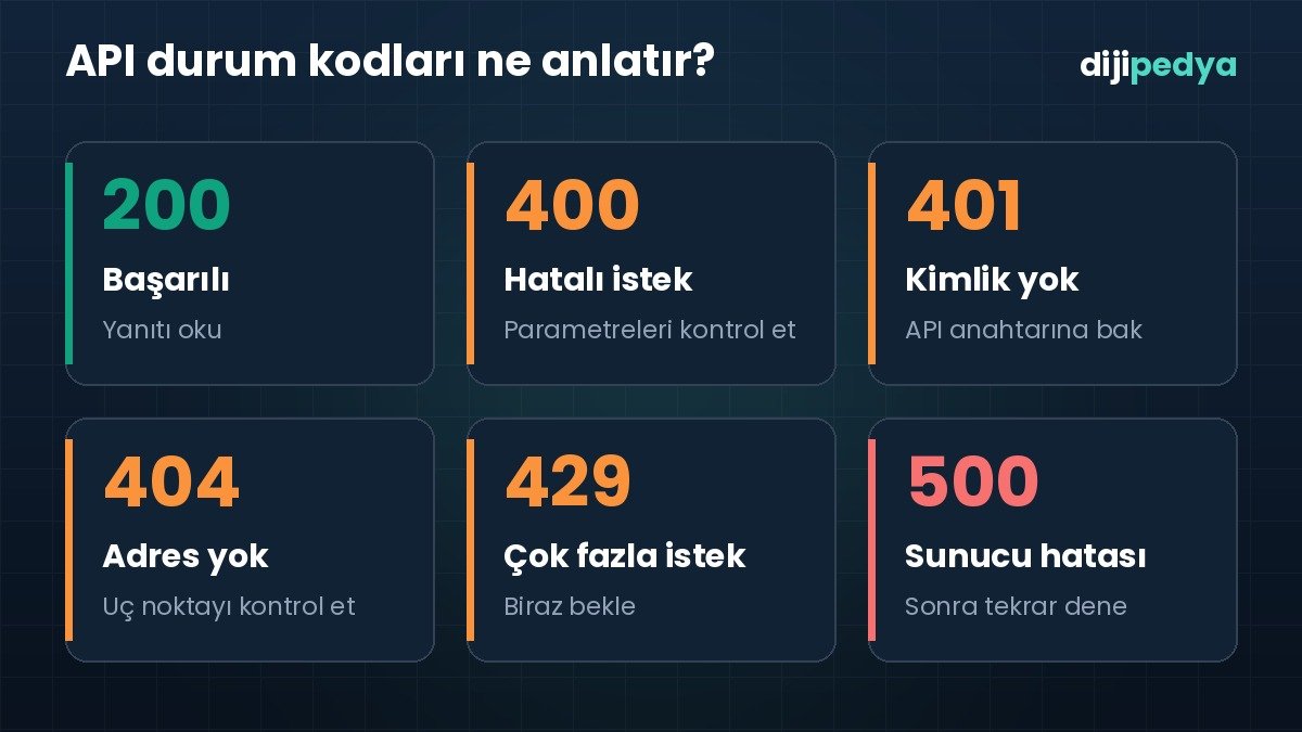En sık karşılaşılan HTTP durum kodları 200, 400, 401, 404, 429 ve 500'ün anlamlarını gösteren bilgi kartı