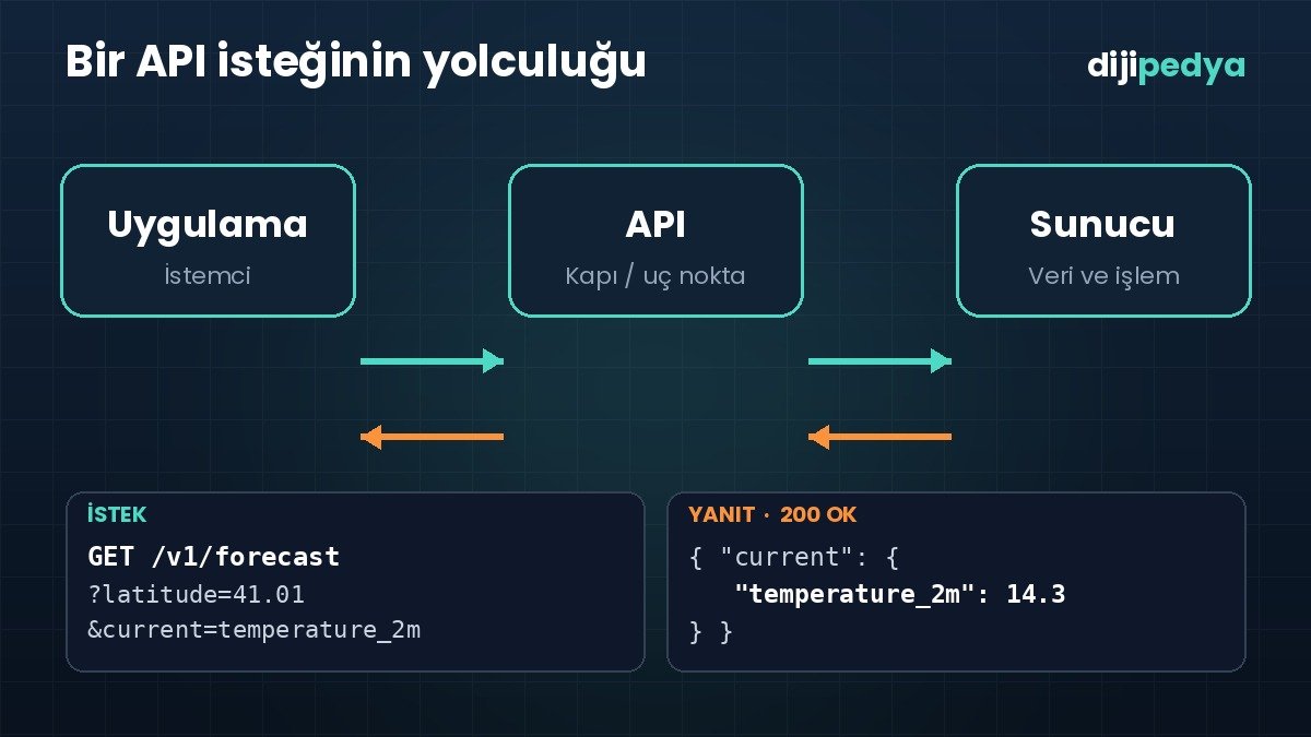 API istek ve yanıt döngüsünü gösteren şema: uygulama, API ve sunucu arasında GET isteği ve JSON yanıtı