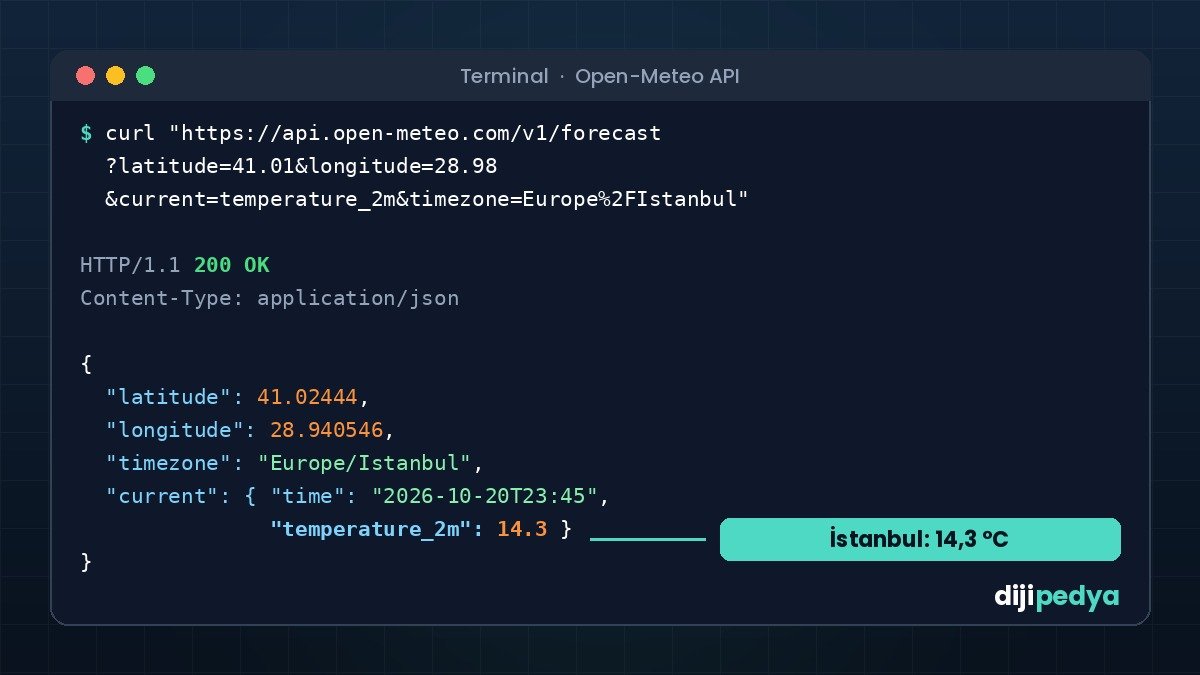 Open-Meteo hava durumu API'sine İstanbul için gönderilen isteğin ve dönen JSON yanıtının terminal görüntüsü