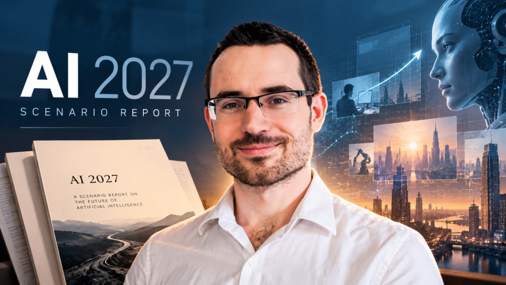 AI 2027 senaryo raporu kapak görseli: rapor kitapçığı, gözlüklü bir araştırmacı ve yapay zekâyla dönüşen şehir temsili