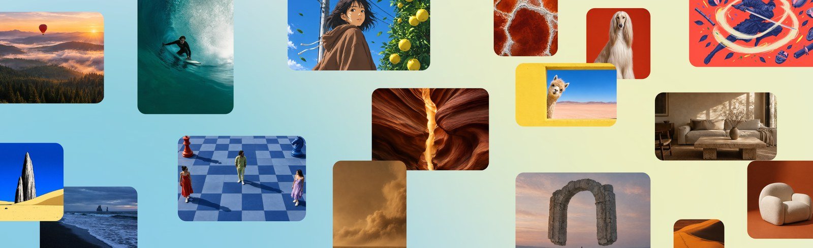 Canva Craft ile üretilmiş örnek görseller: manzara, sörfçü, anime karakter, satranç tahtası ve iç mekân