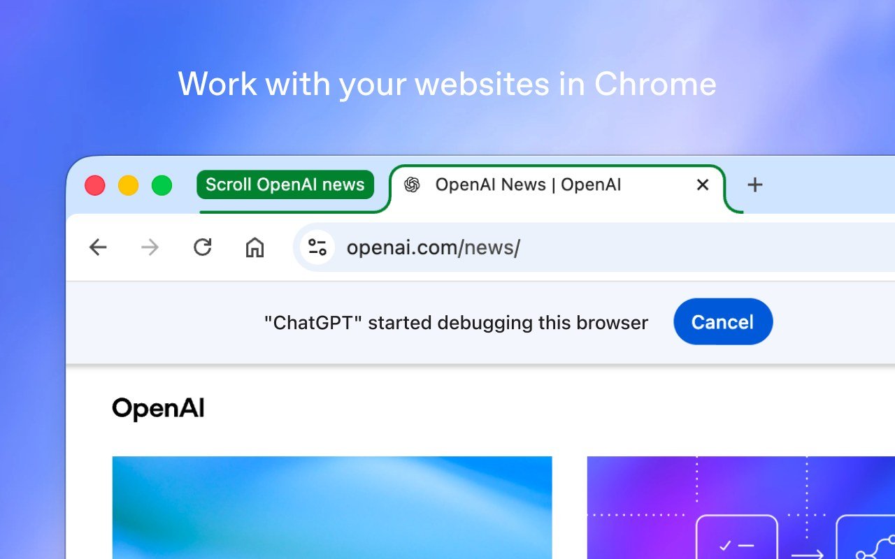 ChatGPT'nin Chrome'da sekme kontrolünü devraldığını gösteren tarayıcı ekranı
