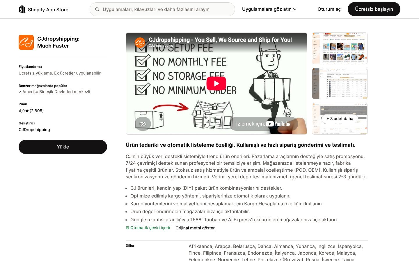CJdropshipping Shopify App Store sayfası