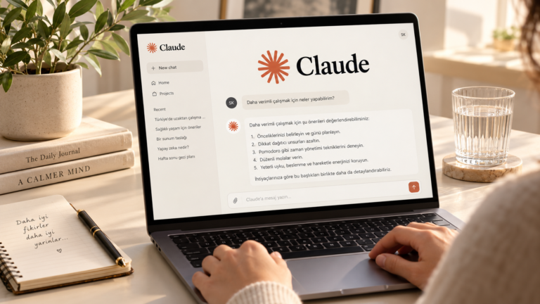 Claude yapay zekâ asistanını tanıtan dizüstü bilgisayar ekranı ve belirgin Claude logosu