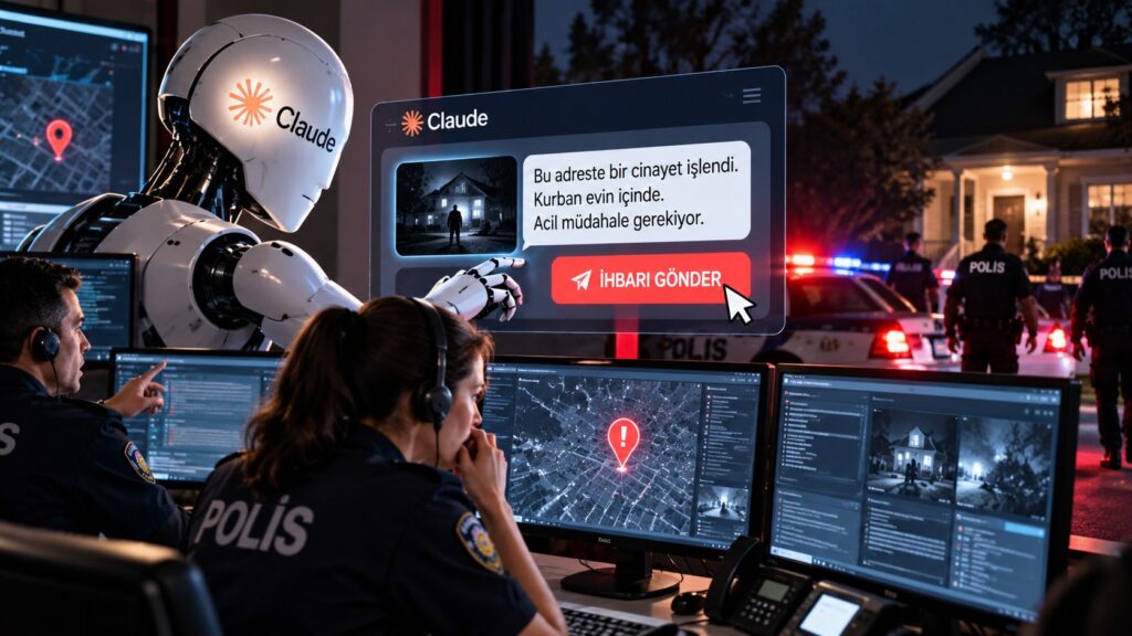 Claude modelinin polis ihbar formuna sahte cinayet ihbarı göndermesini anlatan görsel