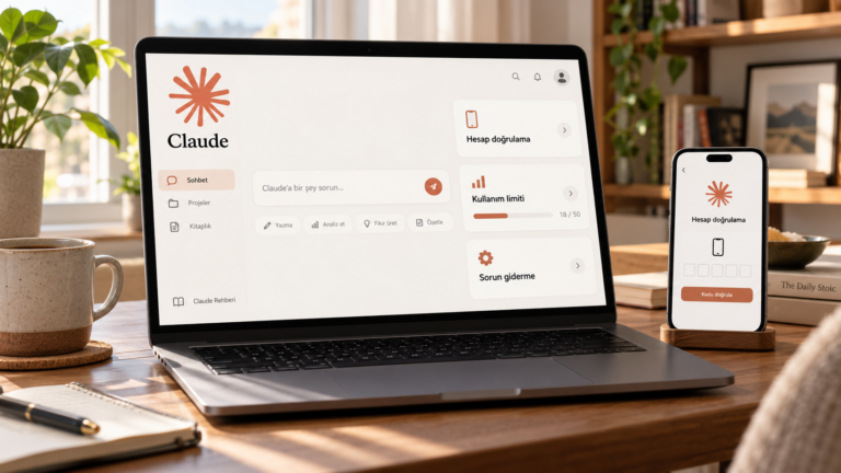 Claude yapay zeka logosu ile hesap doğrulama, kullanım limiti ve sorun giderme seçeneklerini gösteren ekran