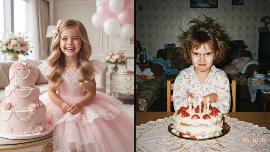 Aynı çocuğun yapay zekayla güzelleştirilmiş doğum günü fotoğrafı ve gerçek 90lar ev fotoğrafı yan yana