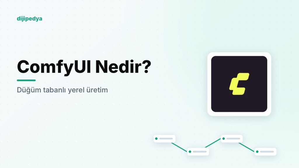 ComfyUI logosu ve düğüm tabanlı iş akışı çizimi