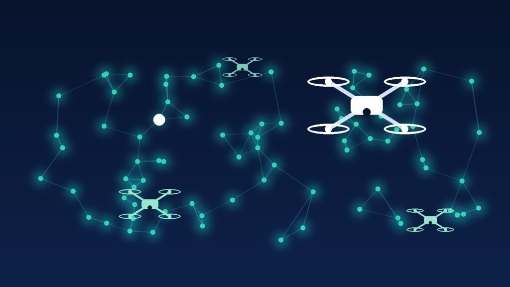 Türkiye genelinde dron üretim ve eğitim merkezleri ağını temsil eden illüstrasyon: birbirine bağlı noktalar ve dronlar