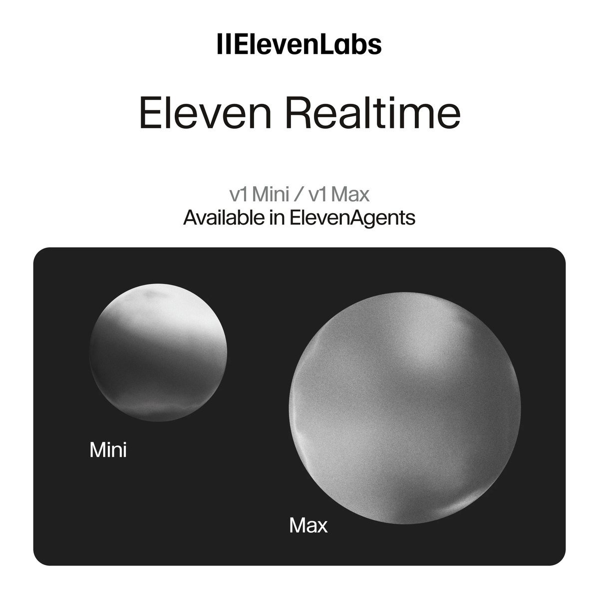 ElevenLabs Eleven Realtime v1 Mini ve v1 Max modellerini iki küre ile gösteren resmi tanıtım görseli