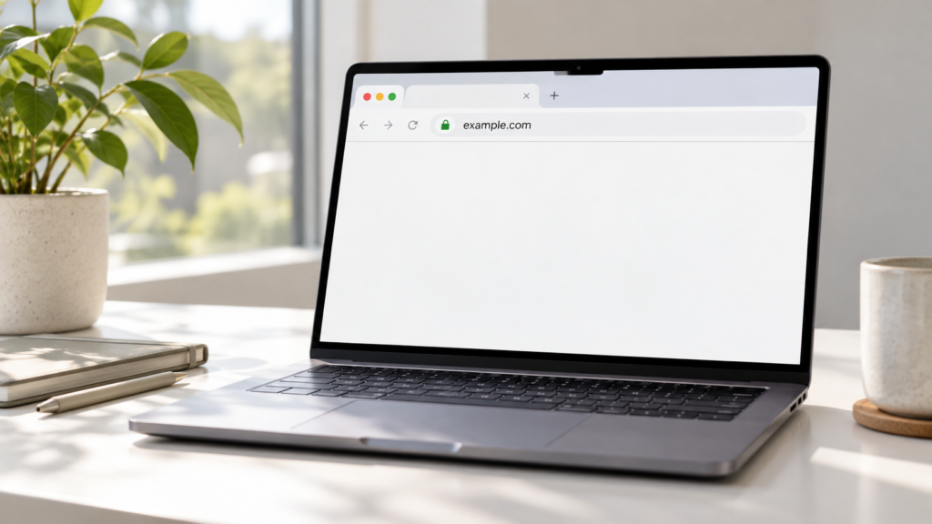 Domain nedir rehberi için tarayıcı adres çubuğu görünen temsili bilgisayar