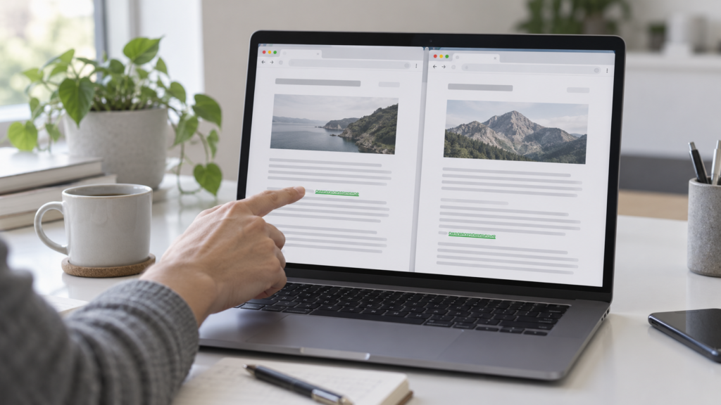 Backlink analizi için iki web sayfasındaki bağlantıları inceleyen kişi