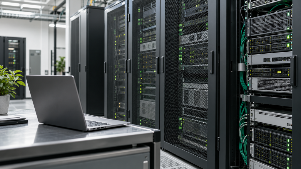 Web hosting altyapısını temsil eden sunucu kabinleri ve dizüstü bilgisayar