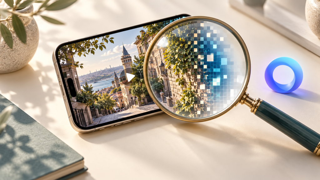 Instagram videosunun gerçekliğini araştırmayı temsil eden telefon, büyüteç ve Meta AI halkası