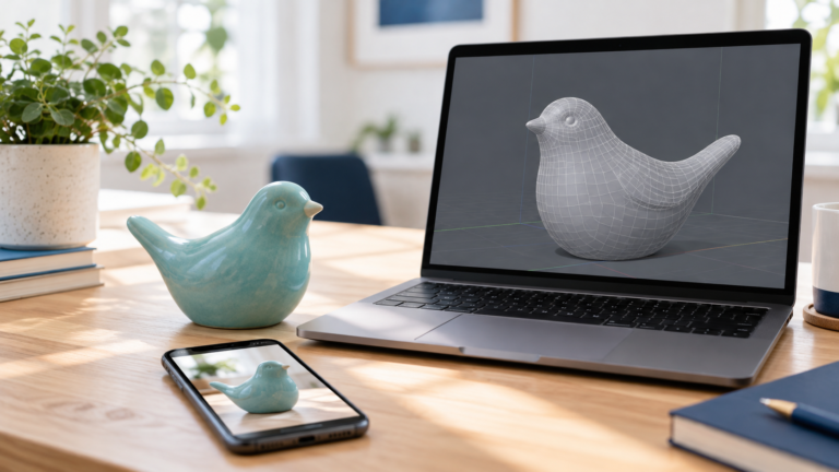 Dekoratif kuş figürü, telefon fotoğrafı ve bilgisayarda temsili 3D modeli