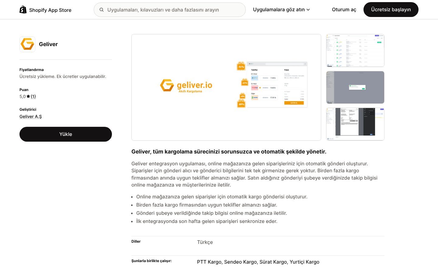 Geliver Shopify kargo entegrasyon uygulaması