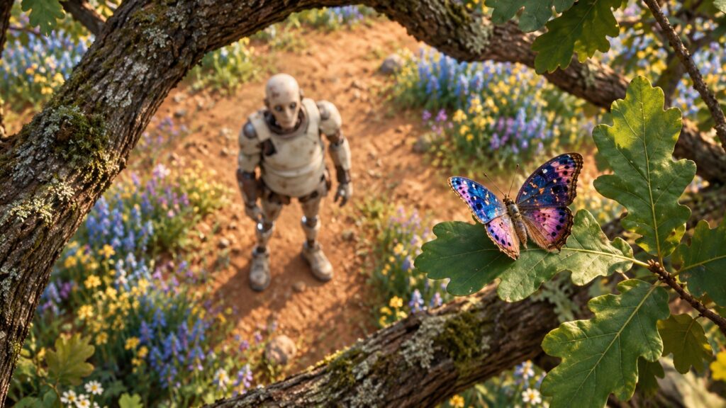 Gods Don't Give Gifts yapay zeka filminden bir sahne: çiçekli patikada duran robot ve meşe yaprağına konmuş kelebek