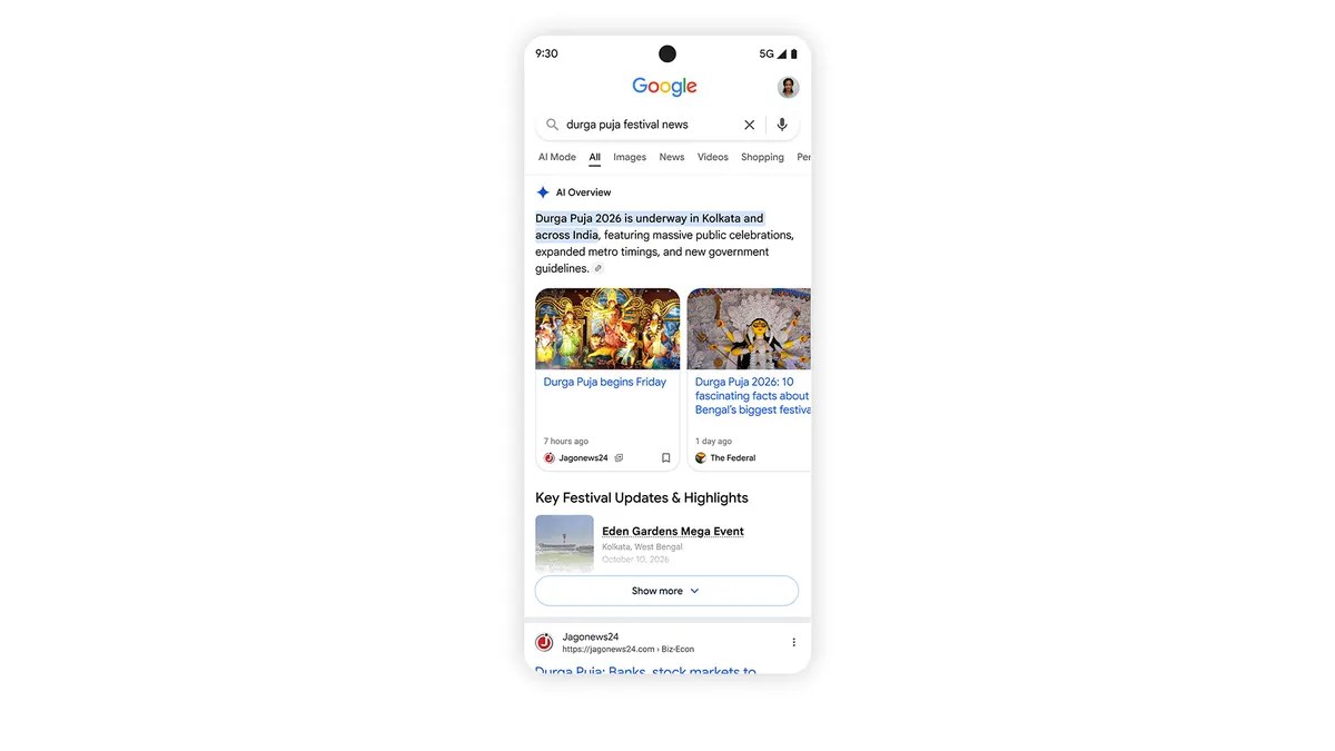 Google AI Mode içinde güncel haber makaleleri karuseli