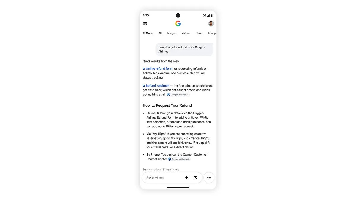 Google AI Mode yanıtının üstünde resmi web sayfası bölümü