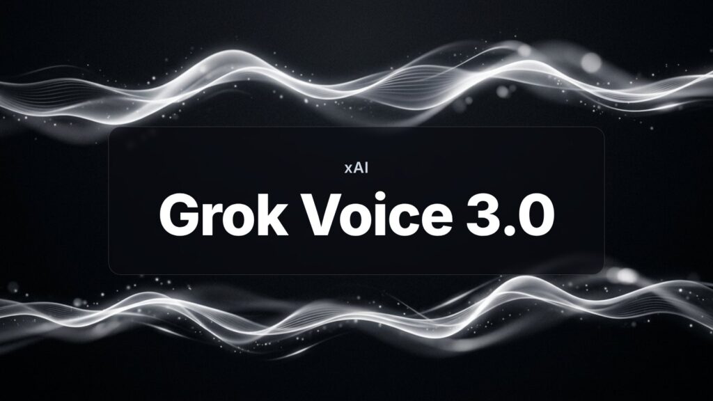 Grok Voice 3.0 yazılı kapak görseli, siyah zemin üzerinde beyaz ses dalgaları