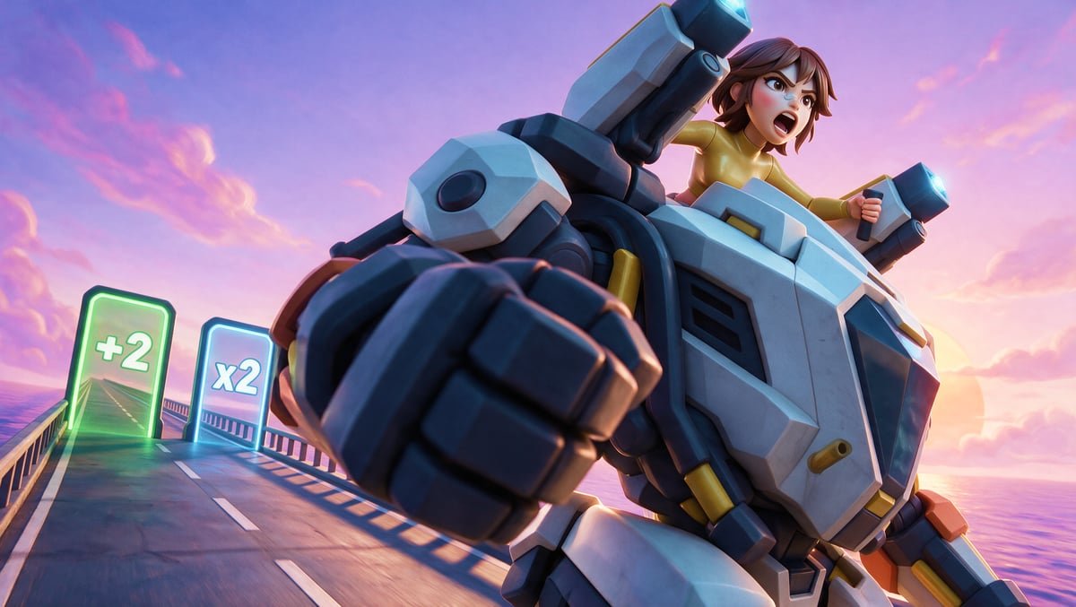 Higgsfield Playable ile üretilmiş robot sürüşlü koşu oyunu sahnesi