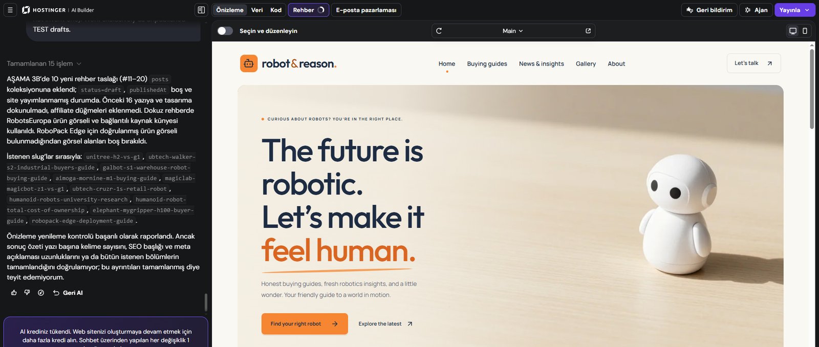 Hostinger AI Builder editörü: solda yapay zekâ sohbet paneli, sağda Robot & Reason sitesinin ana sayfa önizlemesi