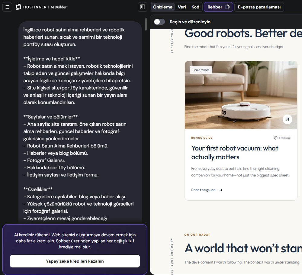 Hostinger AI Builder sohbet panelinde Robot & Reason sitesi için yazılan Türkçe ilk komut