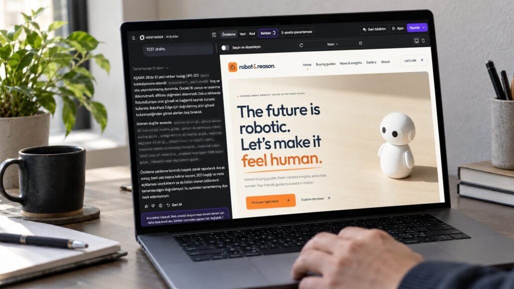 Dizüstü bilgisayar ekranında Hostinger AI Builder editörü ve Robot & Reason sitesinin ana sayfası
