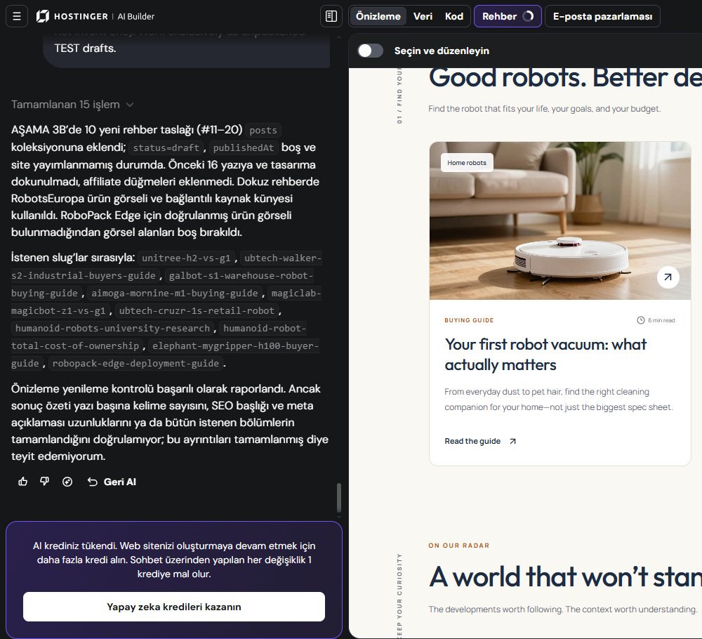 Hostinger AI Builder editöründe yapay zekânın doğrulayamadığı ayrıntıları belirttiği özet ve AI kredisinin tükendiği uyarısı