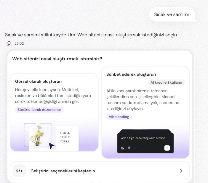 Hostinger AI Builder kurulumunda Görsel olarak oluşturun (sürükle bırak) ve Sohbet ederek oluşturun (AI kredisi kullanır) seçenekleri