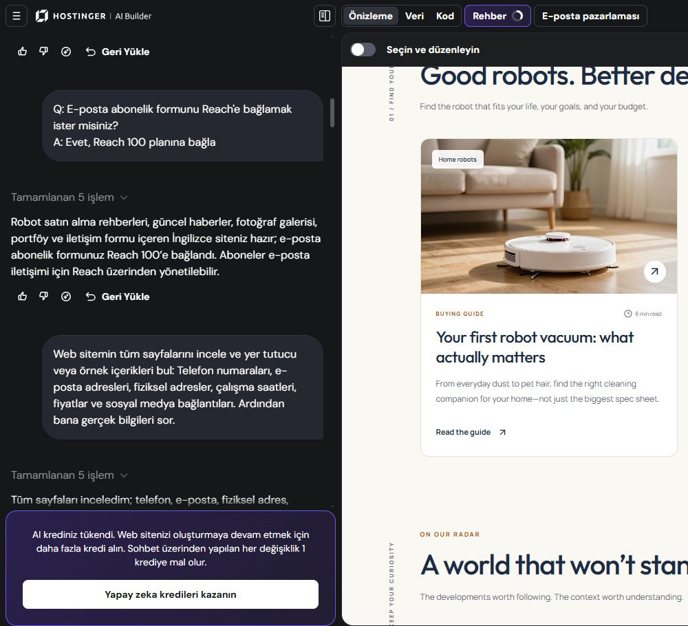 Hostinger AI Builder sohbetinde e-posta abonelik formunu Reach 100 planına bağlama sorusu ve yanıtı