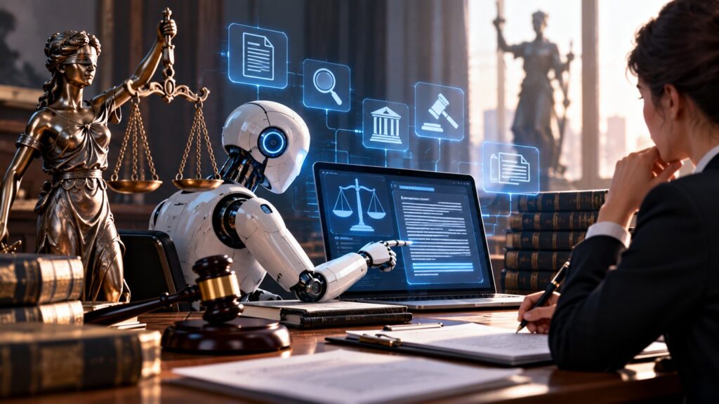 Adalet heykeli, tokmak ve hukuk belgelerini dizüstü bilgisayarda inceleyen yapay zeka robotu yanında not alan avukat